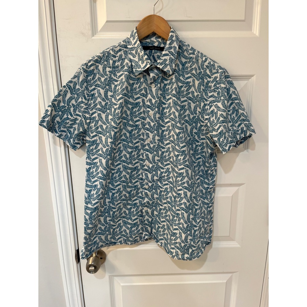 Perry Ellis Mens Teal Leaf Print Short Sleeve Cotton Button Down Shirt Size M